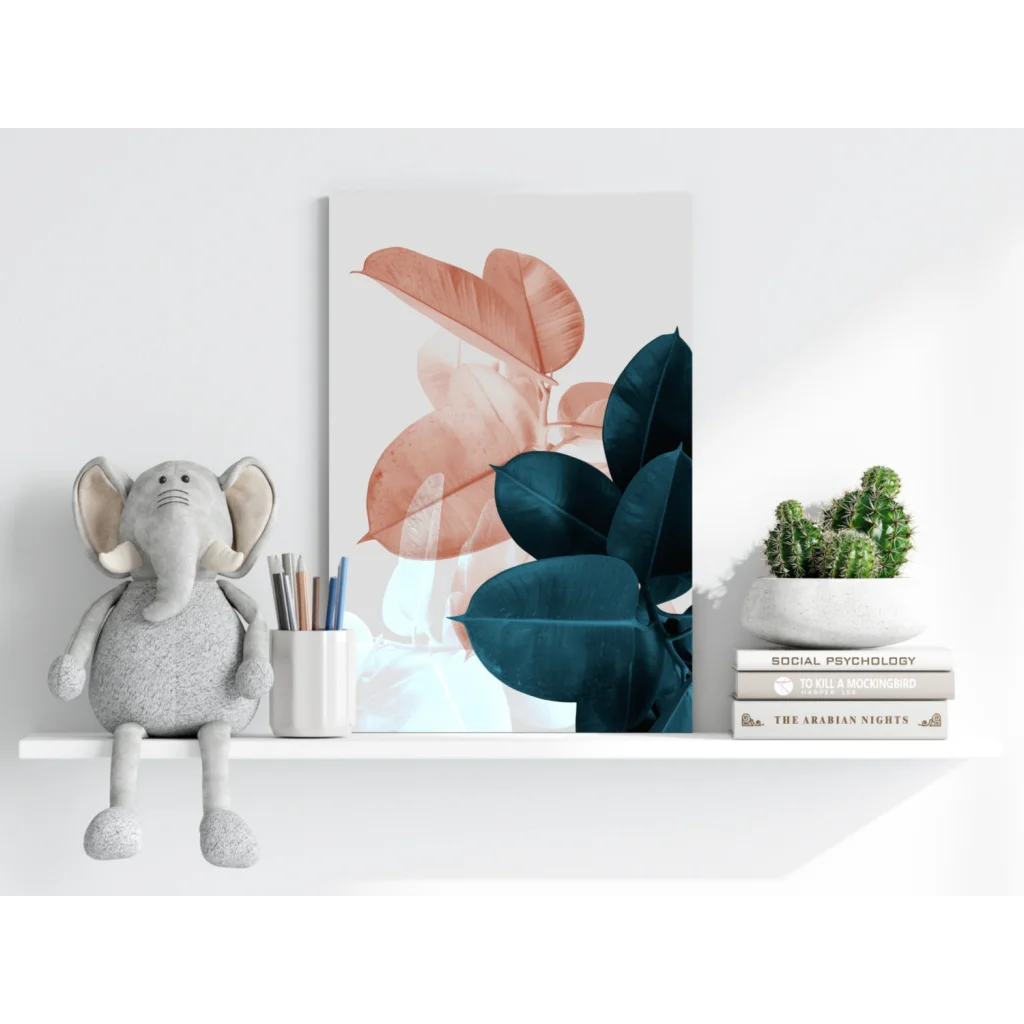 Modern peach and teal watercolor leaves on insigne aluminum print