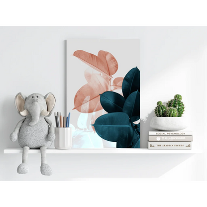 Modern peach and teal watercolor leaves on insigne aluminum print