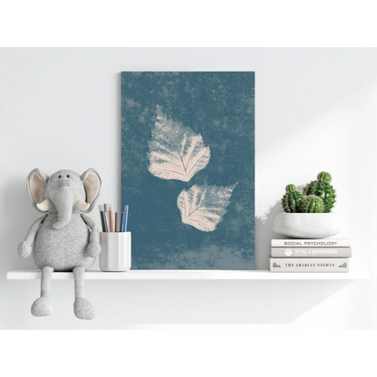 Teal leaf insigne aluminum print with pale textured leaf silhouettes
