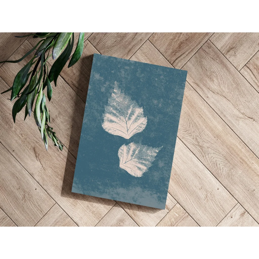 Teal leaf insigne aluminum print with white silhouettes on textured canvas