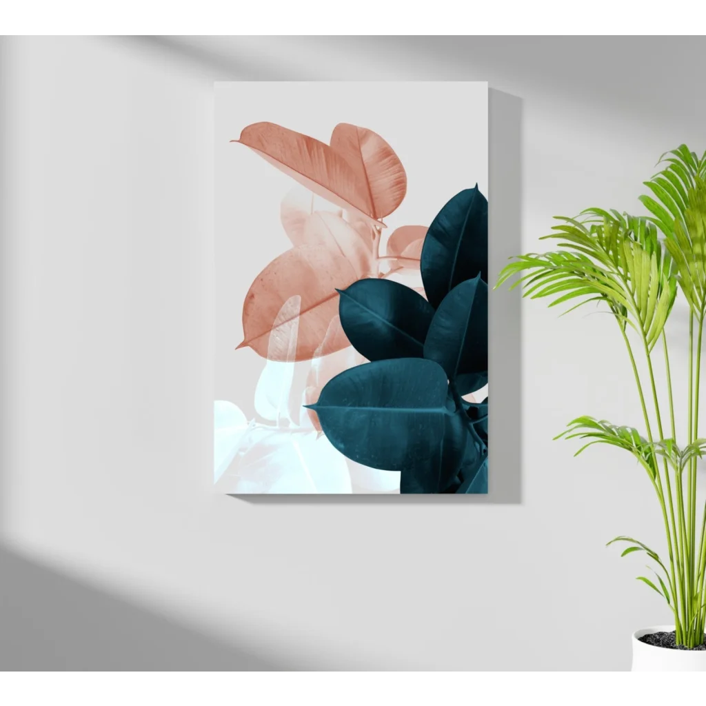 Modern peach and teal botanical insigne aluminum print with tropical leaves