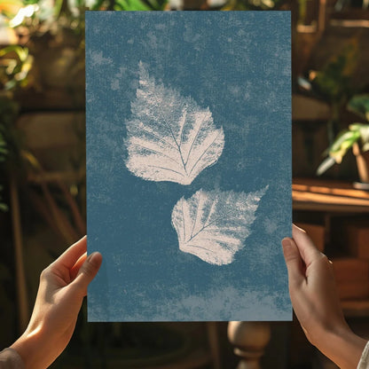Blue textured art print with white leaf silhouettes on Insigne Aluminum Prints