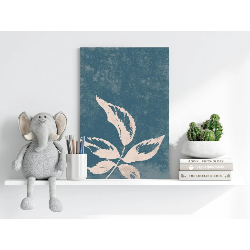 Teal leaf canvas painting on Insigne aluminum print