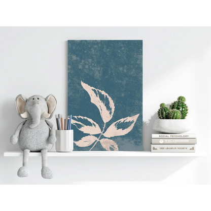 Teal leaf canvas painting on Insigne aluminum print
