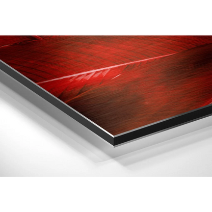 Vibrant red abstract brushed aluminium dibond art print with wood grain