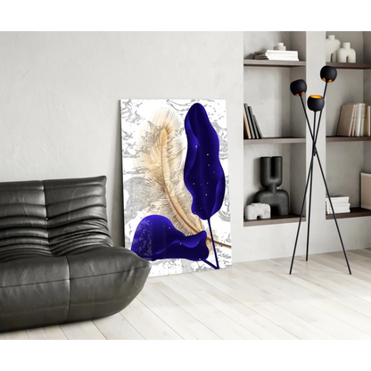 Stunning blue feather glass wall art canvas print with gold accents