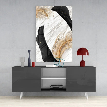 Abstract black and gold feathers on white marble glass wall art print