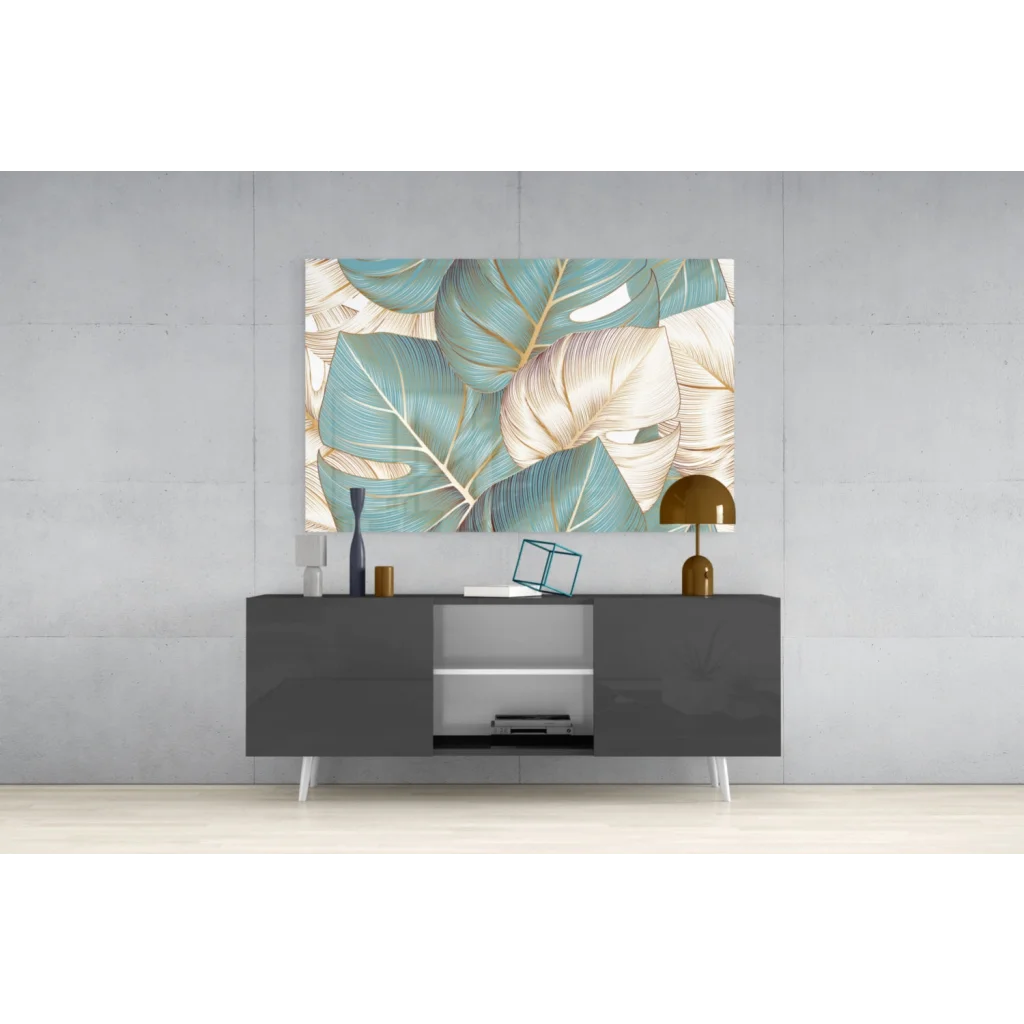 Tropical teal gold leaf canvas wall art with stylized leaves in teal, cream, gold