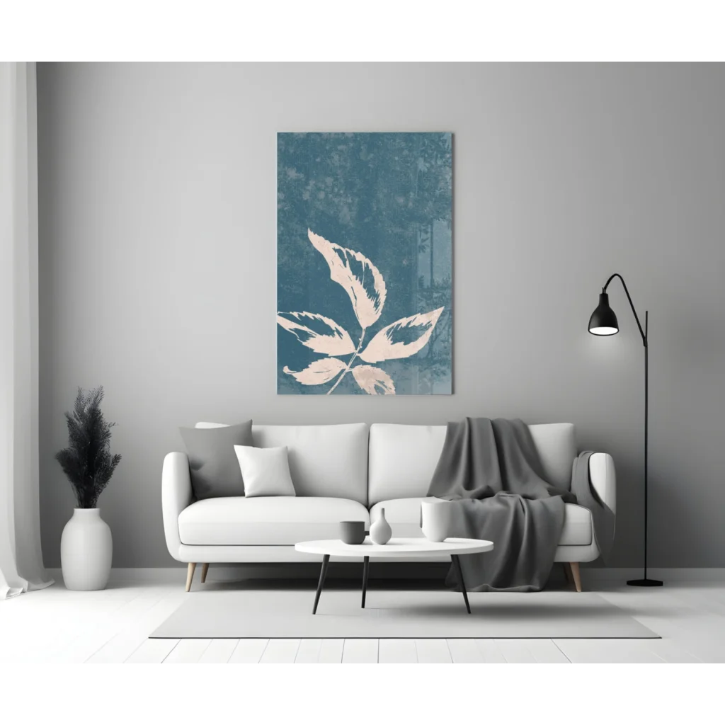 Stunning teal leaf wall art canvas print above sofa
