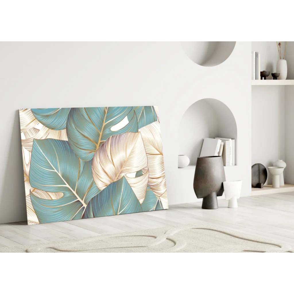 Tropical Teal Gold Leaf Canvas Wall Art | Modern Wall Art Decor | vintageantiquesgifts.com