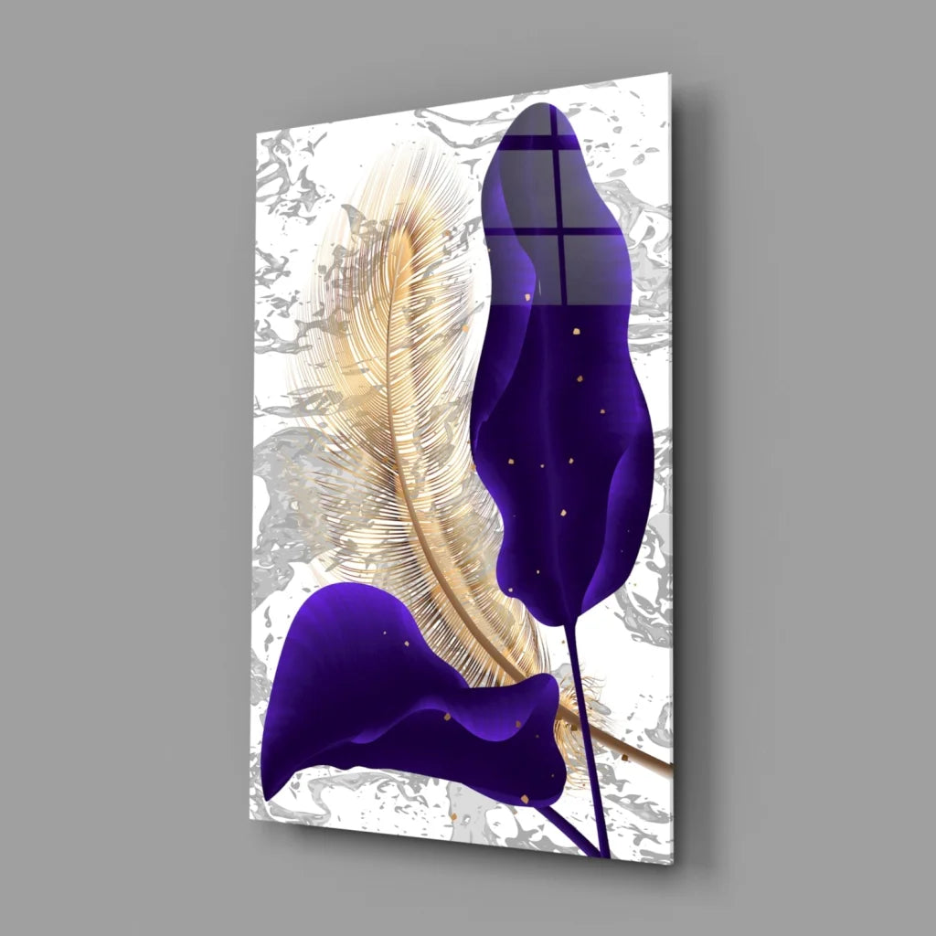 Stunning blue feather glass wall art canvas print with purple and gold accents on white marble