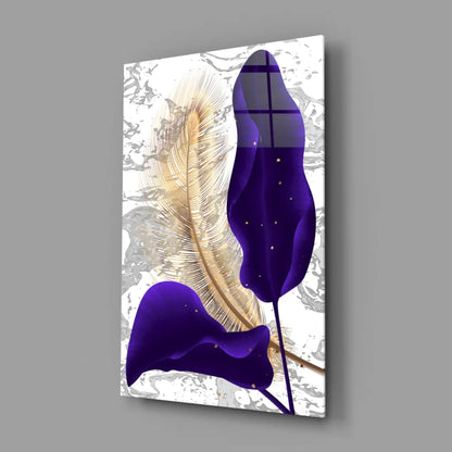 Stunning blue feather glass wall art canvas print with purple and gold accents on white marble