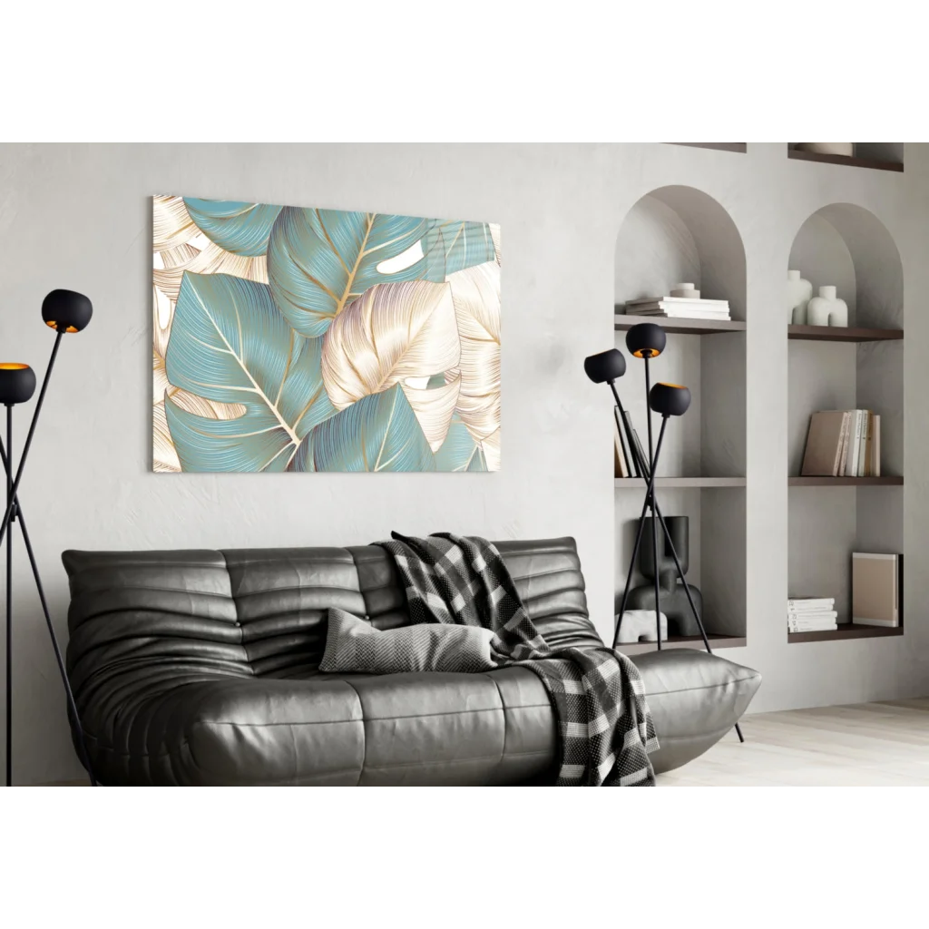 Tropical Teal Gold Leaf Canvas Wall Art | Contemporary Home Wall Art | vintageantiquesgifts.com