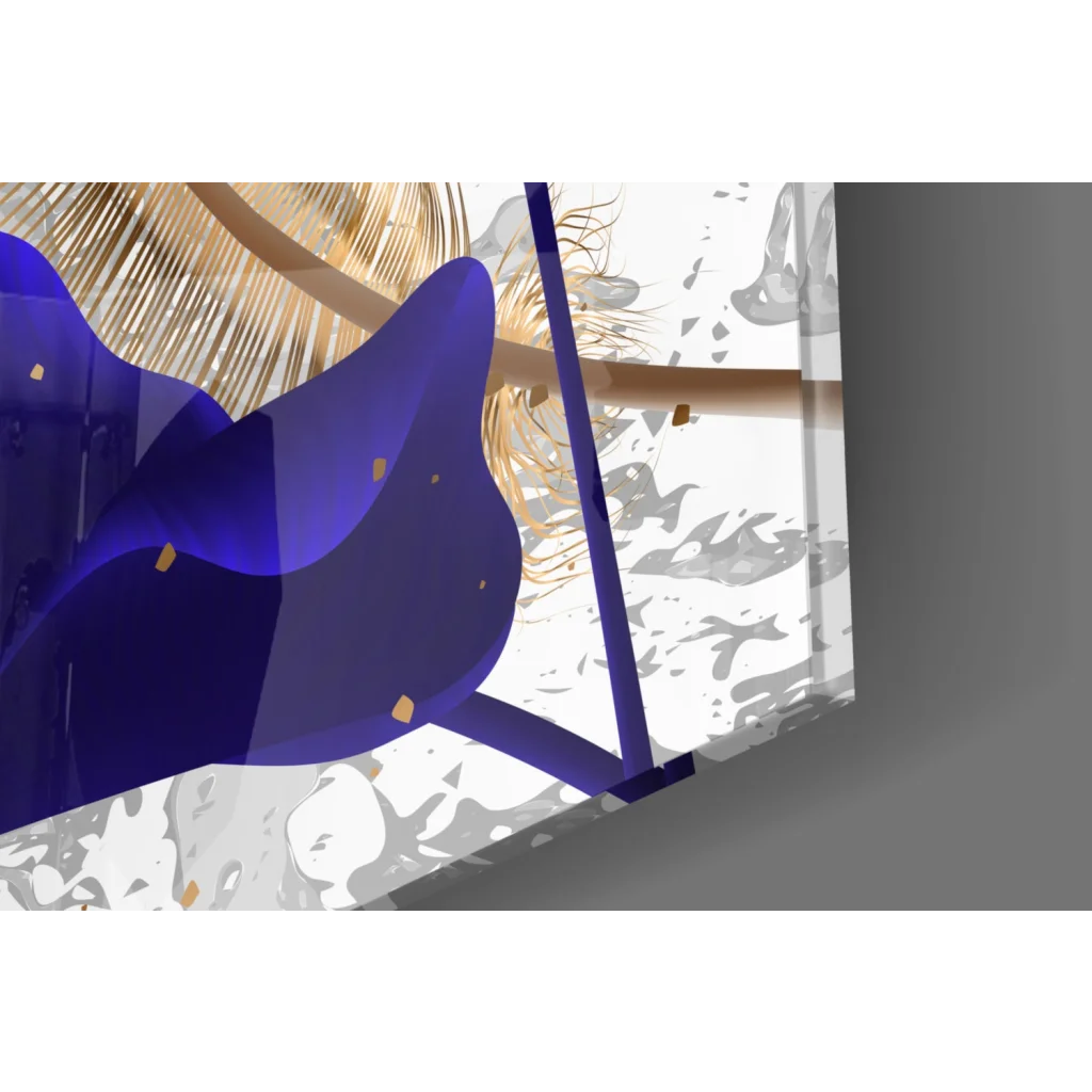 Stunning blue feather glass wall art canvas print with abstract cobalt blue and gold sculpture