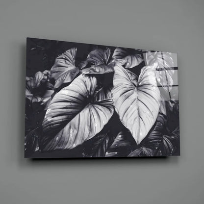 Tropical Leaves Black and White Canvas Wall Art | Glass Wall Art Print | vintageantiquesgifts.com