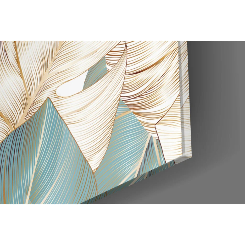 Modern tropical teal gold leaf wall art canvas with stylized leaves