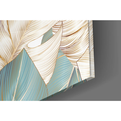 Modern tropical teal gold leaf wall art canvas with stylized leaves