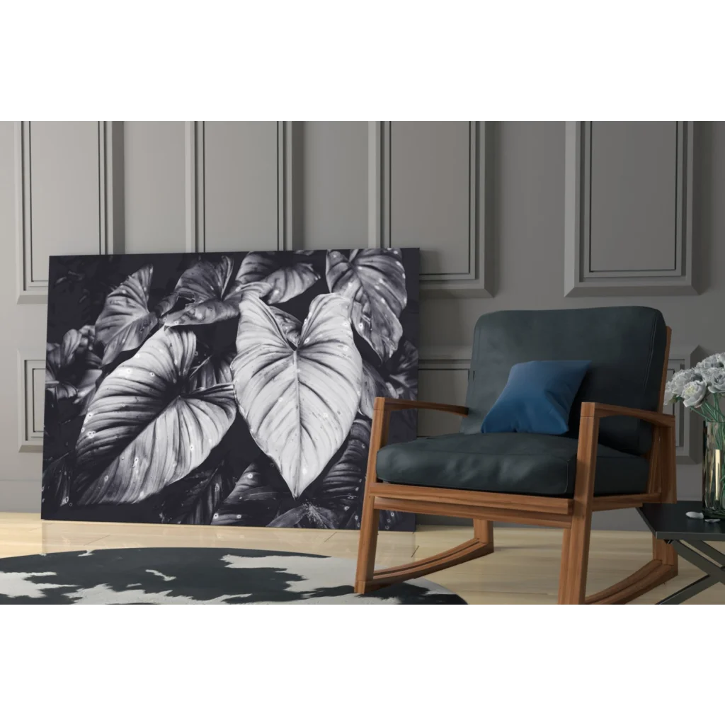 Black-and-white tropical leaves canvas wall art print