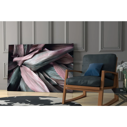 Layered leaves glass wall art in pink and teal abstract close-up