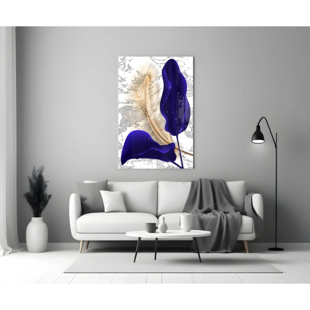 Bold cobalt blue glossy feathers in stunning glass wall art canvas print