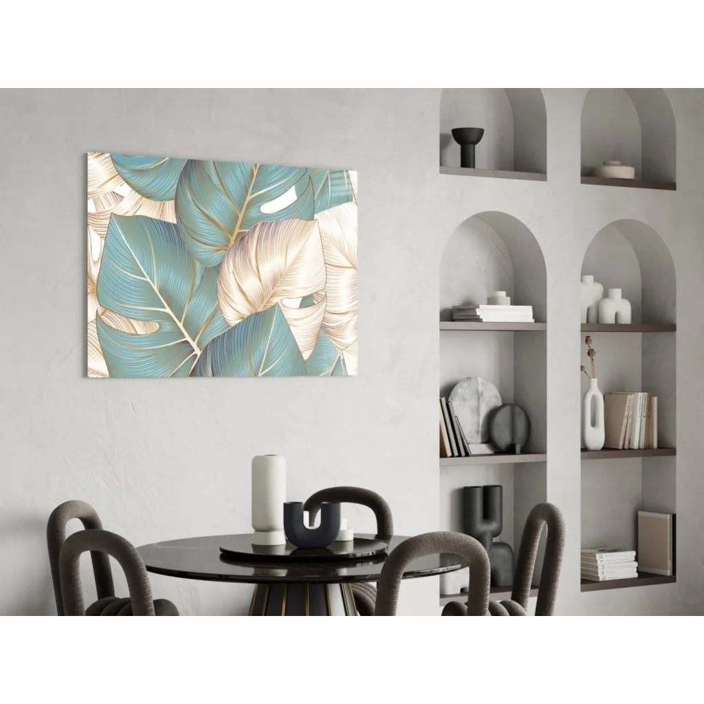 Tropical teal gold leaf canvas wall art with stylized leaves