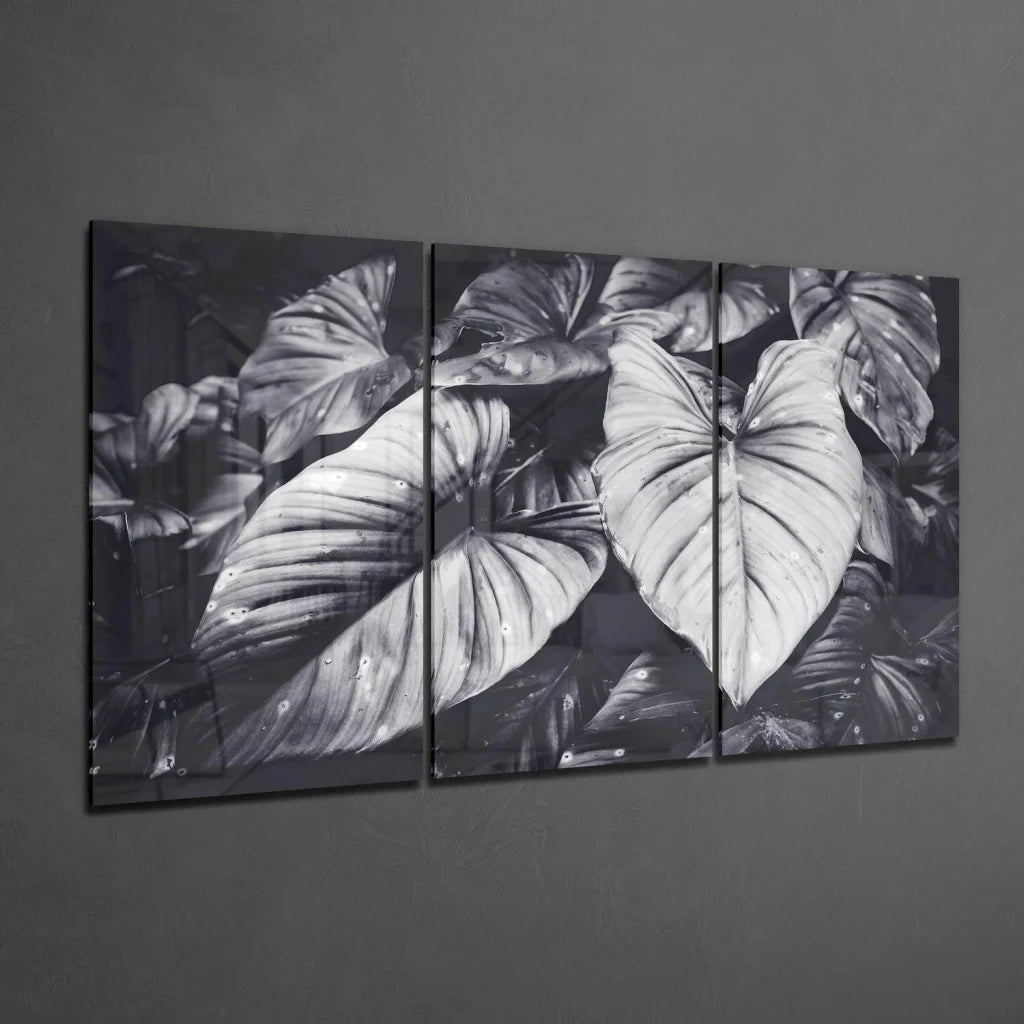 Stunning Tropical Leaf Glass Wall Art Triptych in Bold Black and White | Glass Wall Art Print | vintageantiquesgifts.com