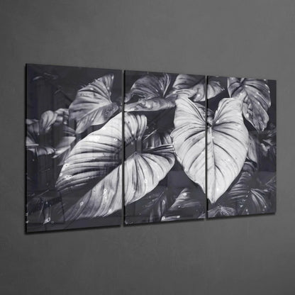 Stunning Tropical Leaf Glass Wall Art Triptych in Bold Black and White | Glass Wall Art Print | vintageantiquesgifts.com