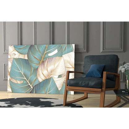 Tropical teal gold leaf canvas wall art with stylized leaves