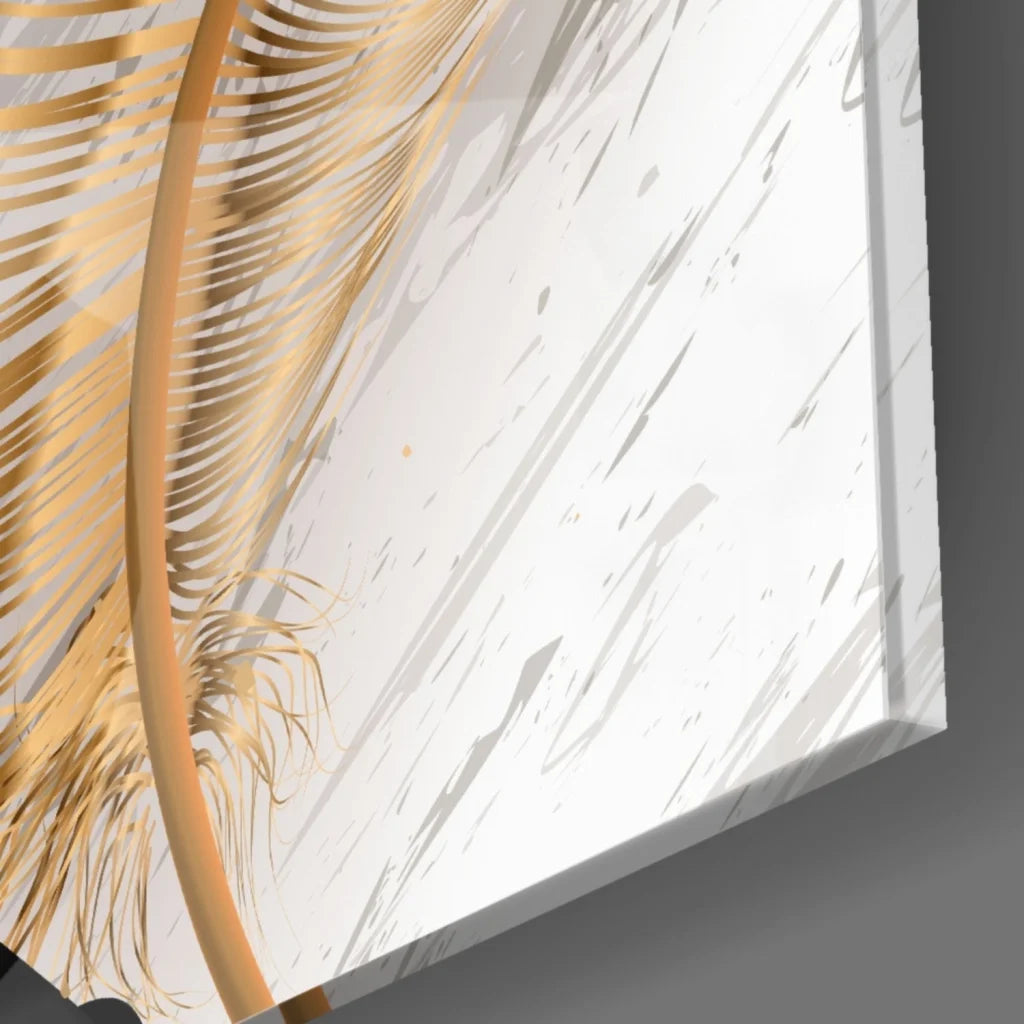 Stylized golden feather glass wall art on marble background