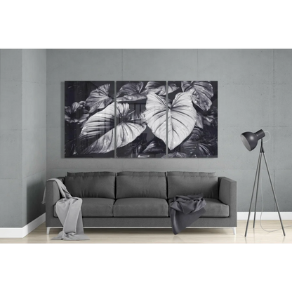 Stunning Tropical Leaf Glass Wall Art Triptych in Bold Black and White | Modern Wall Art Decor | vintageantiquesgifts.com