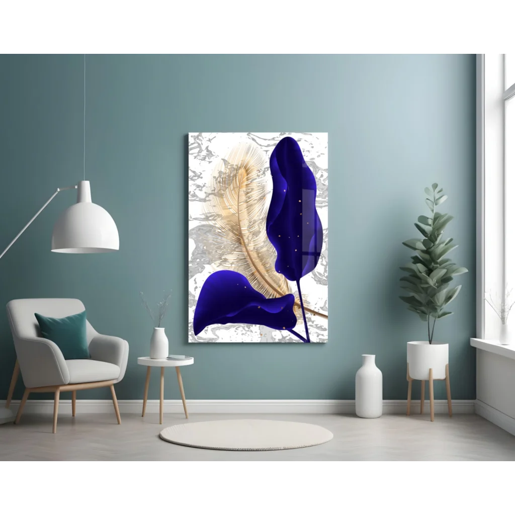Stunning blue feather glass wall art canvas print with golden accents