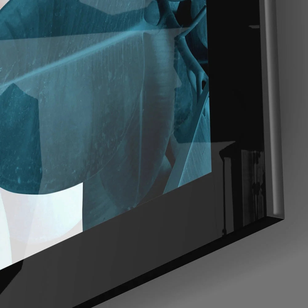 Sleek modern glass wall art in peach and teal botanical design