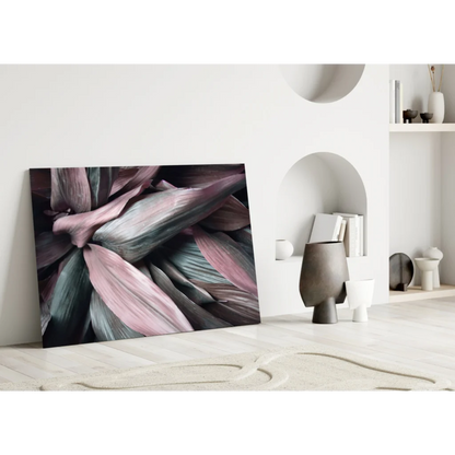 Layered Leaves glass wall art in pink and teal