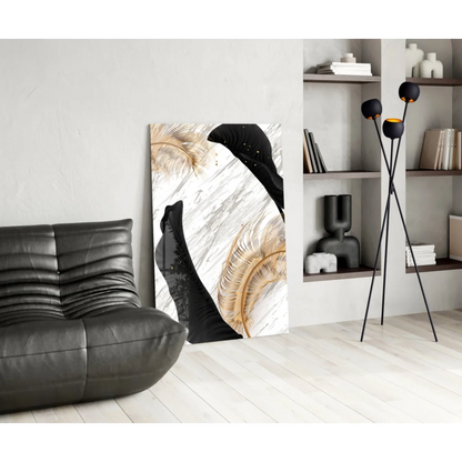 Black and gold feather glass wall art on white marble background