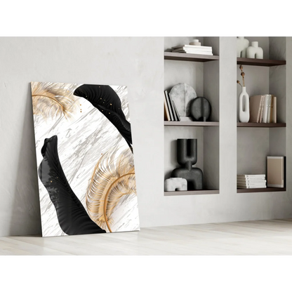 Modern black and gold feather glass wall art on white marble