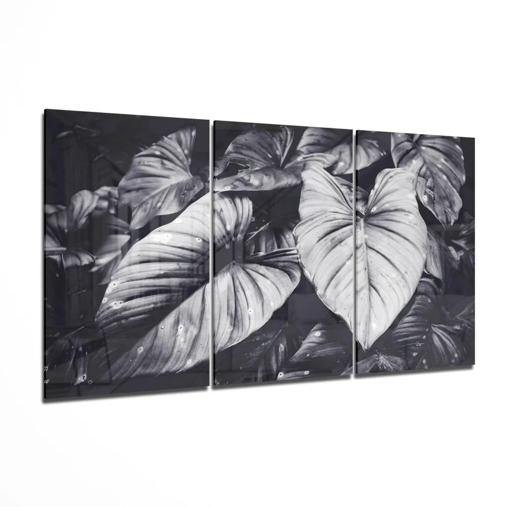 Stunning Tropical Leaf Glass Wall Art Triptych in Bold Black and White | Insigneart USA | vintageantiquesgifts.com