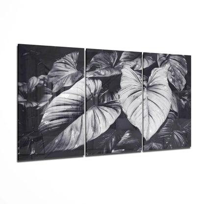 Stunning Tropical Leaf Glass Wall Art Triptych in Bold Black and White | Insigneart USA | vintageantiquesgifts.com