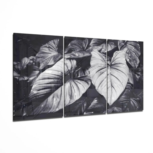 Stunning Tropical Leaf Glass Wall Art Triptych in Bold Black and White | Insigneart USA | vintageantiquesgifts.com