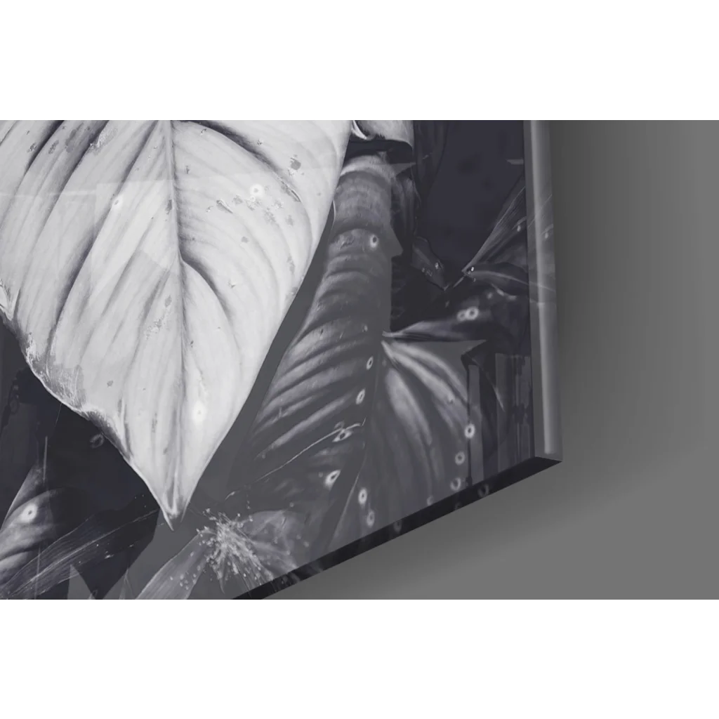 Black and white framed tropical leaves wall art with dewy veined details