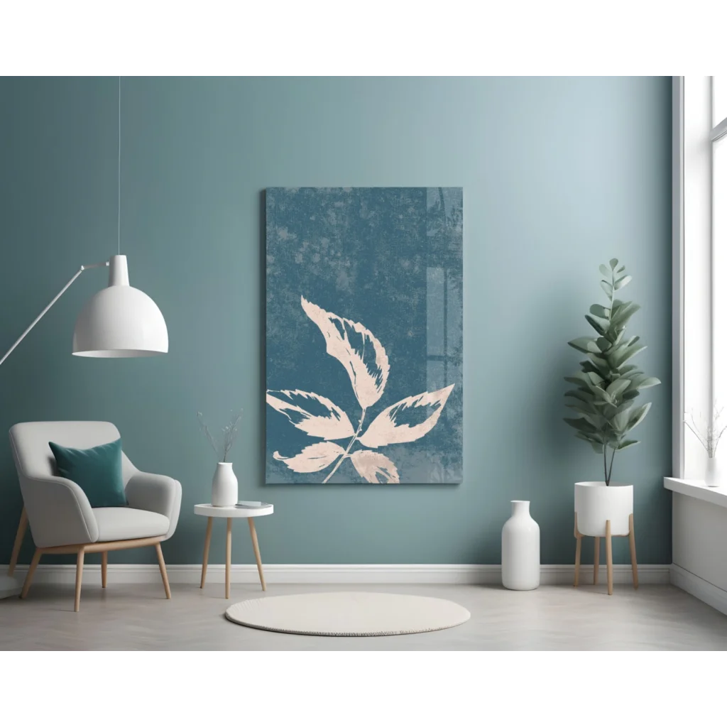 Stylized beige leaf wall art canvas print on navy background