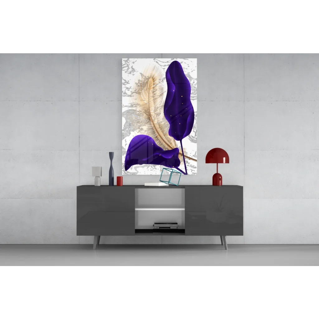 Stunning blue feather glass wall art canvas print with purple gold feathers on silver background