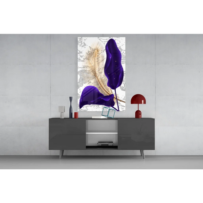 Stunning blue feather glass wall art canvas print with purple gold feathers on silver background