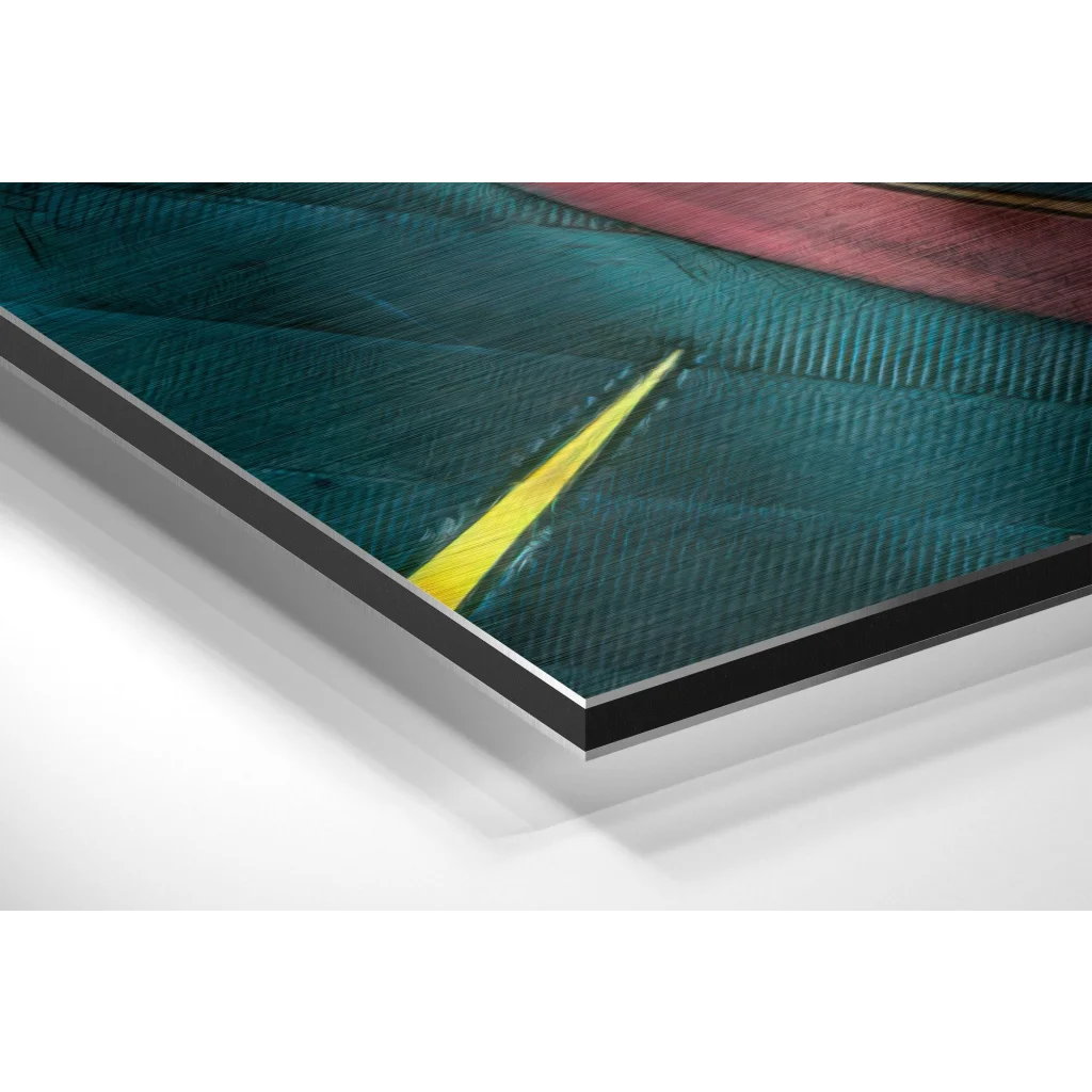 Stunning brushed aluminium dibond art with teal background and bold yellow pink strokes