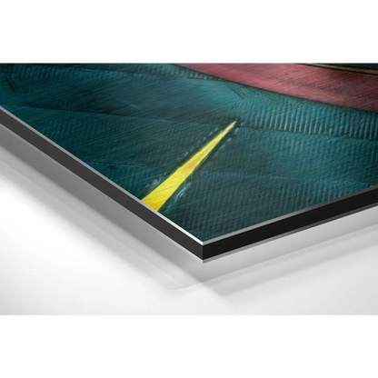 Stunning brushed aluminium dibond art with teal background and bold yellow pink strokes