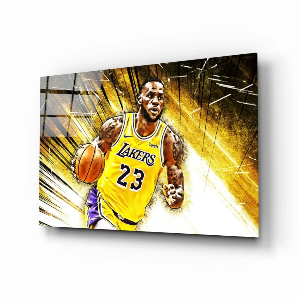 LeBron James Lakers glass wall art in vibrant yellow purple jersey action