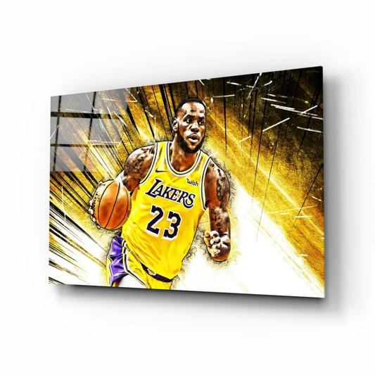 LeBron James Lakers glass wall art in vibrant yellow purple jersey action