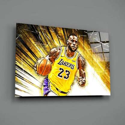 LeBron James Lakers glass wall art with vibrant yellow purple jersey