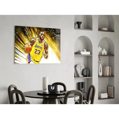 LeBron James Lakers glass wall art in vibrant yellow and purple