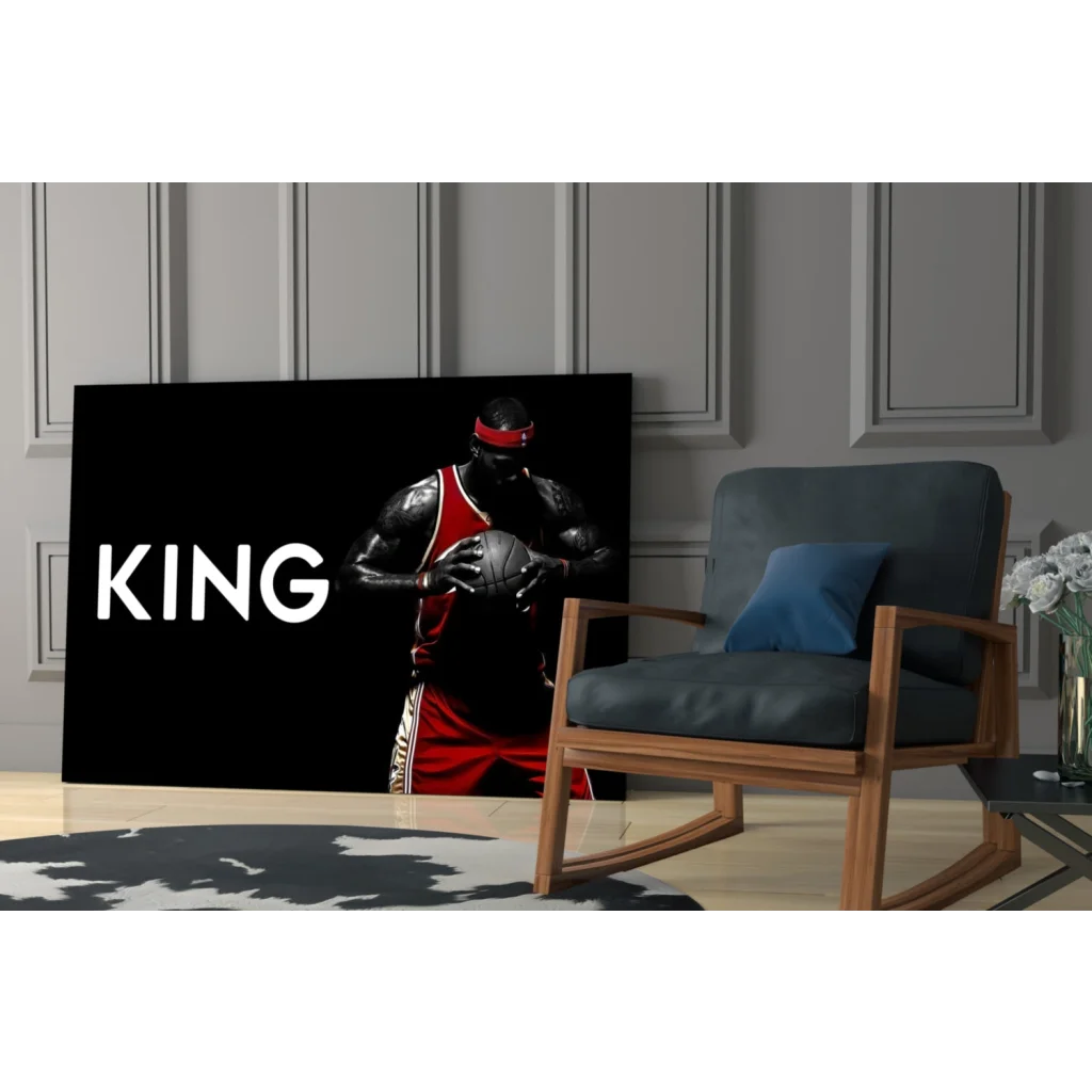Muscular basketball king in red gold uniform on black glass wall art