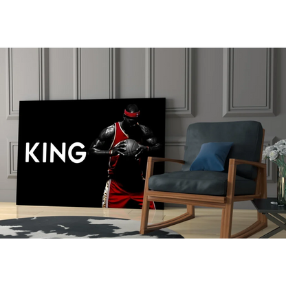 Muscular basketball king in red gold uniform on black glass wall art